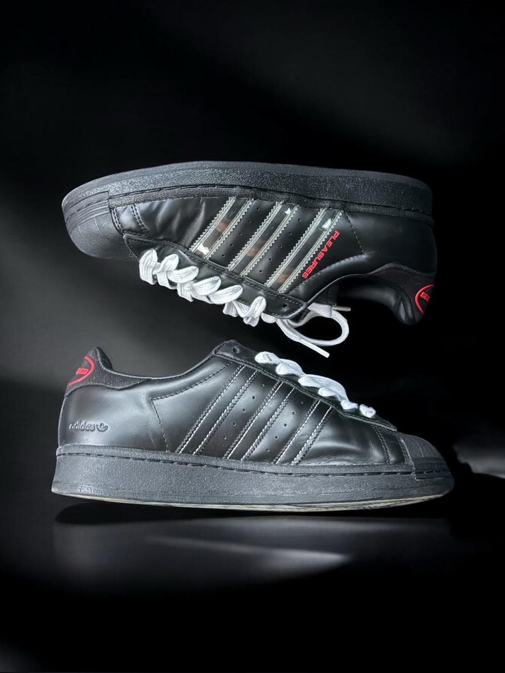 adidas x PLEASURES Superstar GY5691 Black Red Translucent Stripe Sneakers Sz 8.5